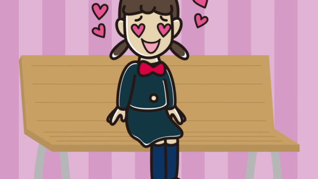 ベンチで目がハートの女子中学生のイラスト【色、背景あり】PNG