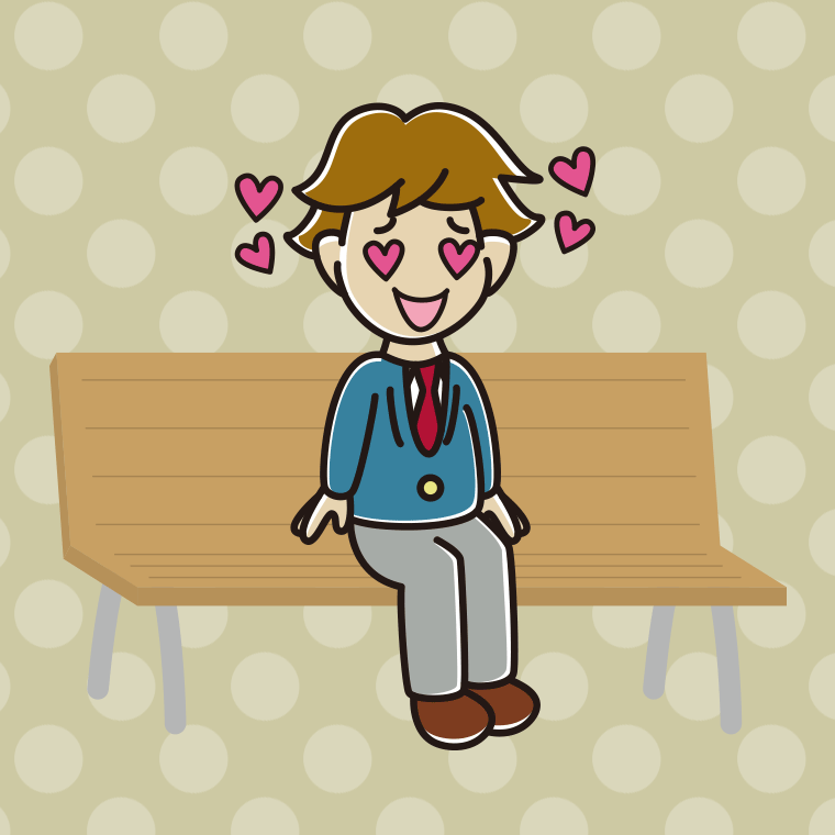 ベンチで目がハートの男子高校生のイラスト【色、背景あり】PNG