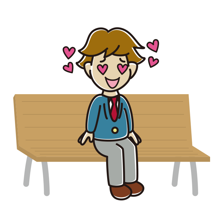 ベンチで目がハートの男子高校生のイラスト【色あり、背景なし】透過PNG