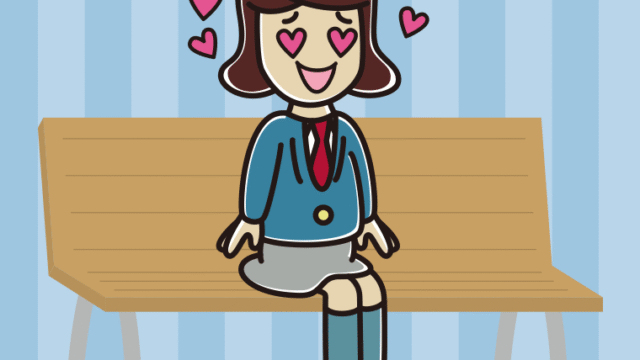 ベンチで目がハートの女子高校生のイラスト【色、背景あり】PNG