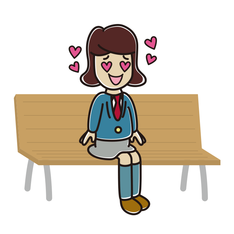 ベンチで目がハートの女子高校生のイラスト【色あり、背景なし】透過PNG