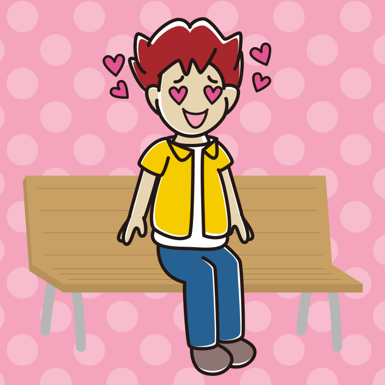 ベンチで目がハートの男子大学生のイラスト【色、背景あり】PNG