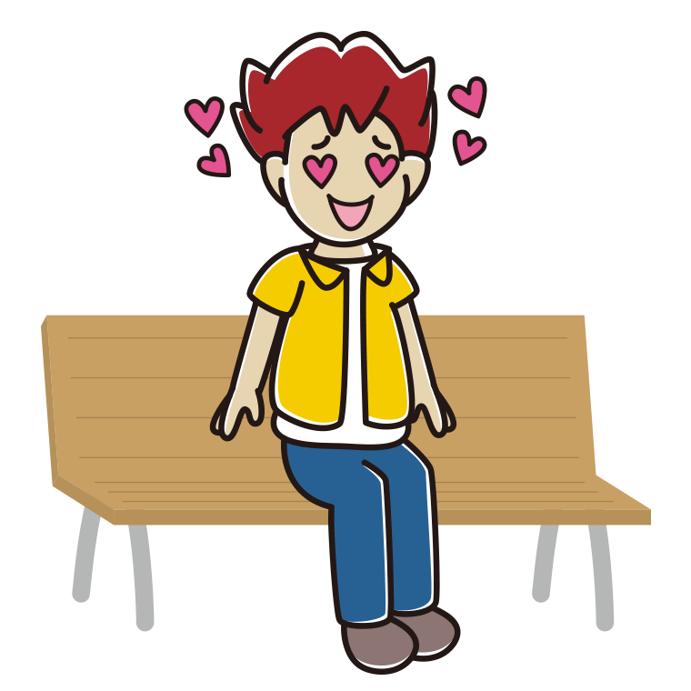 ベンチで目がハートの男子大学生のイラスト【色あり、背景なし】透過PNG