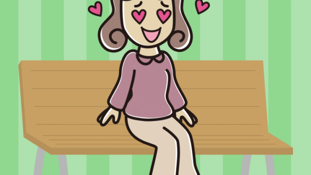 ベンチで目がハートの女子大学生のイラスト【色、背景あり】PNG