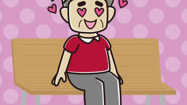 ベンチで目がハートのおじさんのイラスト【色、背景あり】PNG