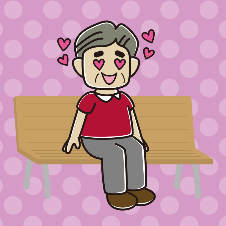 ベンチで目がハートのおじさんのイラスト【色、背景あり】PNG