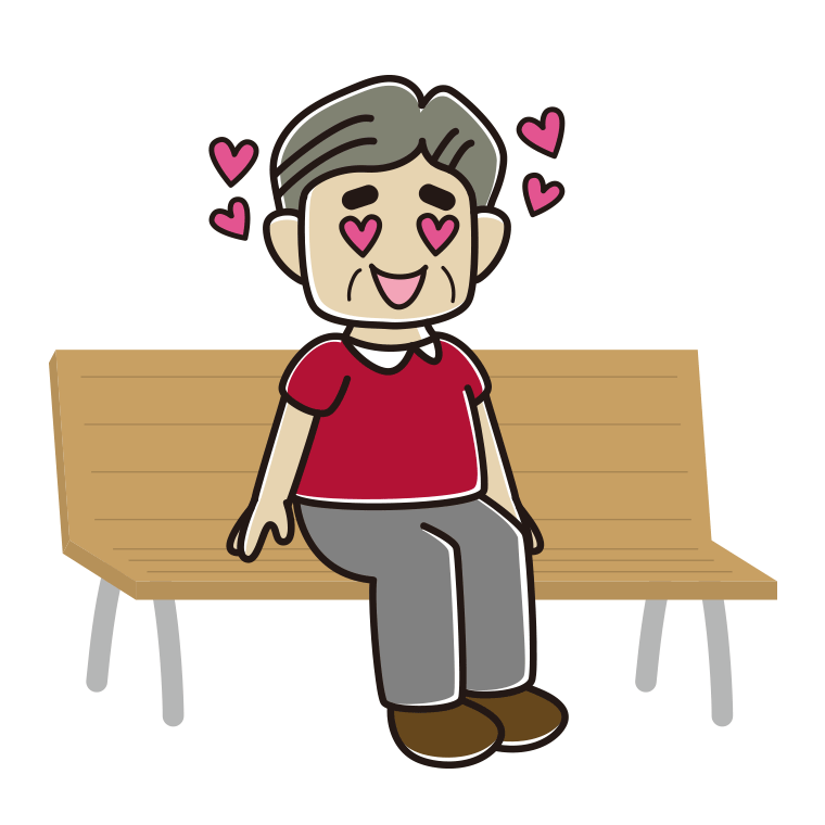 ベンチで目がハートのおじさんのイラスト【色あり、背景なし】透過PNG