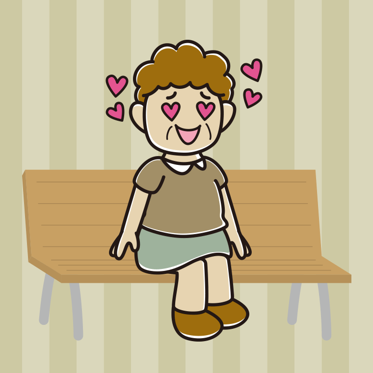 ベンチで目がハートのおばさんのイラスト【色、背景あり】PNG