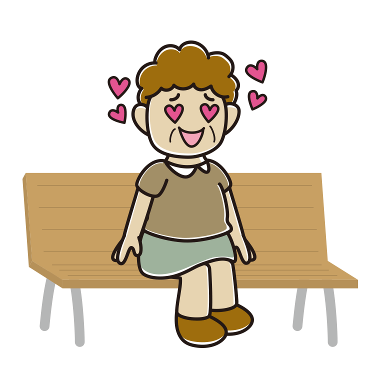 ベンチで目がハートのおばさんのイラスト【色あり、背景なし】透過PNG