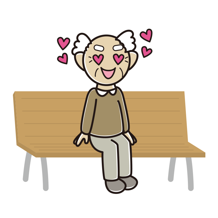 ベンチで目がハートのおじいさんのイラスト【色あり、背景なし】透過PNG