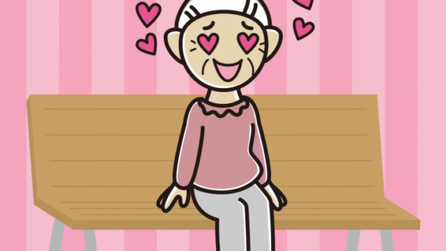 ベンチで目がハートのおばあさんのイラスト【色、背景あり】PNG