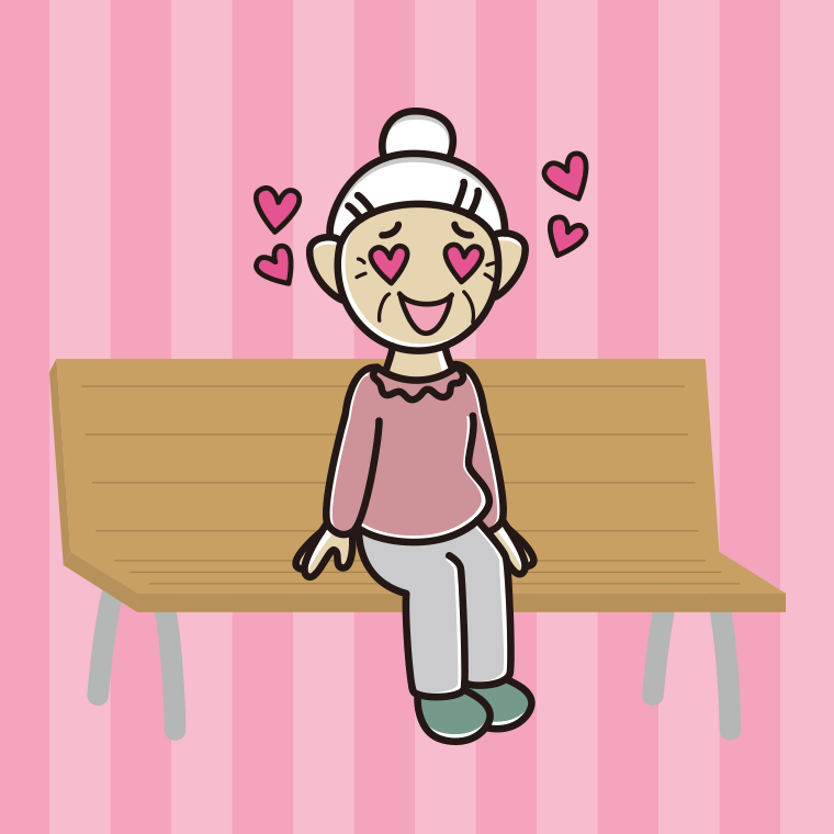 ベンチで目がハートのおばあさんのイラスト【色、背景あり】PNG