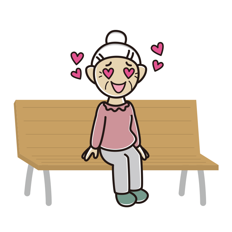 ベンチで目がハートのおばあさんのイラスト【色あり、背景なし】透過PNG
