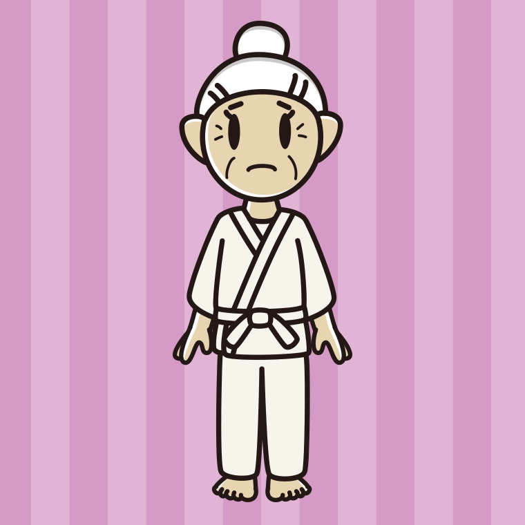 困る道着のおばあさんのイラスト【色、背景あり】PNG