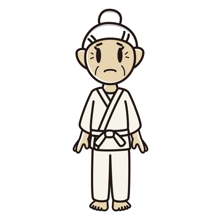 困る道着のおばあさんのイラスト【色あり、背景なし】透過PNG