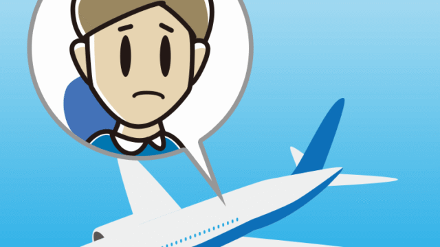 飛行機で困る男性のイラスト【色、背景あり】PNG