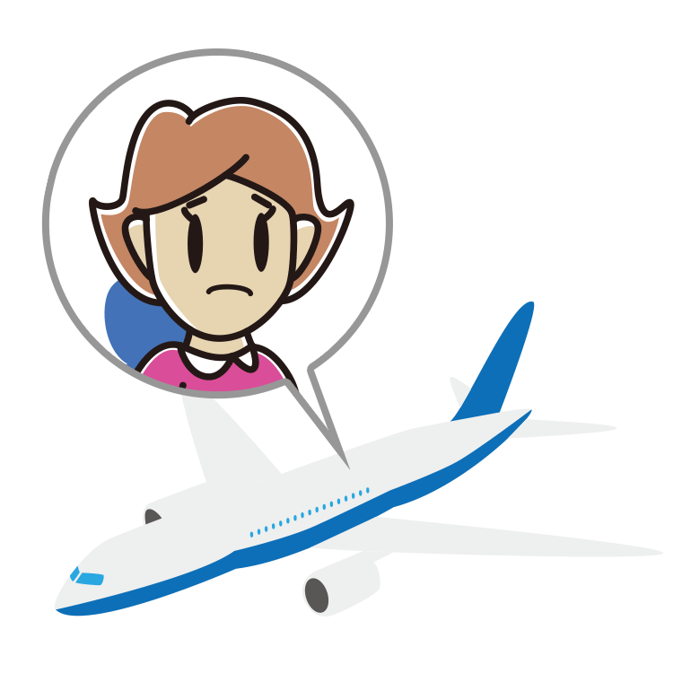 飛行機で困る女性のイラスト【色あり、背景なし】透過PNG