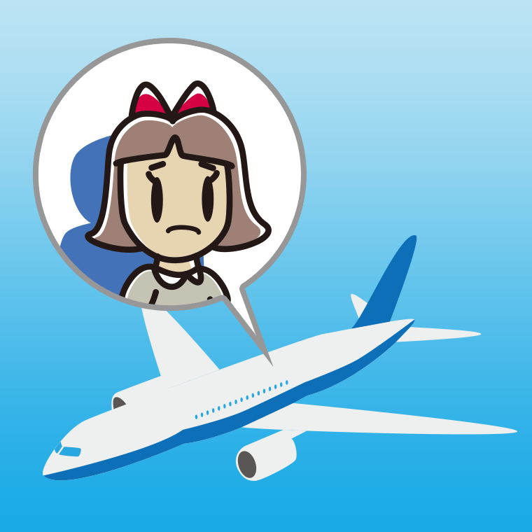 飛行機で困る小学生女子のイラスト【色、背景あり】PNG