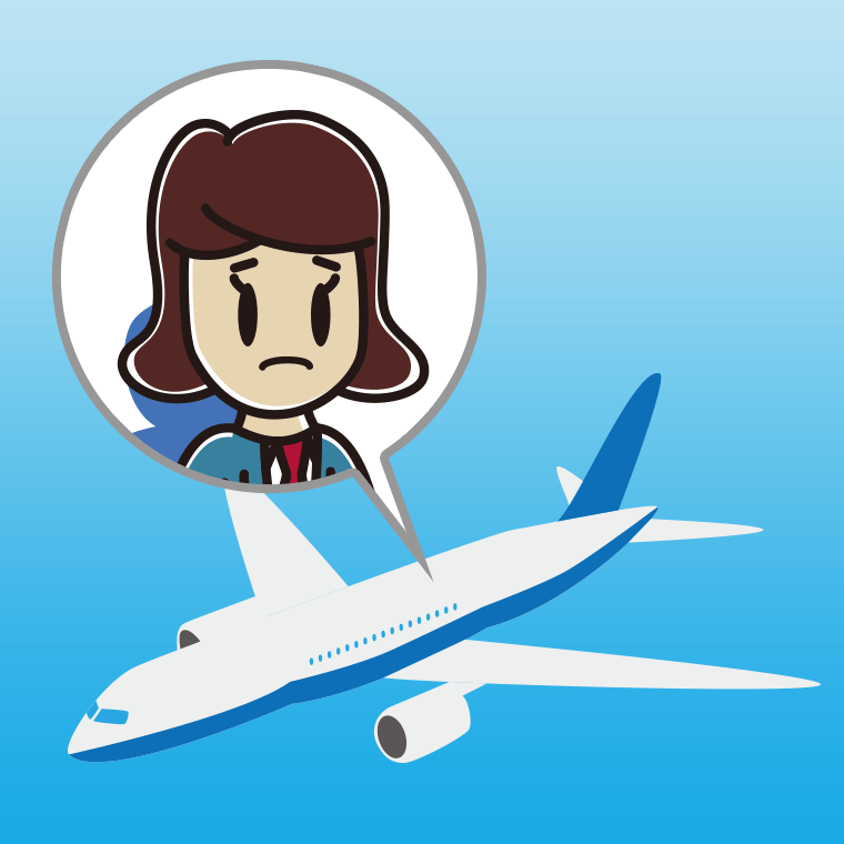 飛行機で困る女子高校生のイラスト【色、背景あり】PNG
