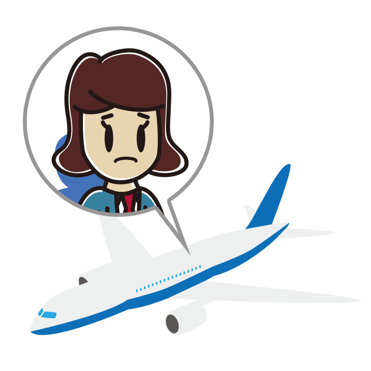 飛行機で困る女子高校生のイラスト【色あり、背景なし】透過PNG