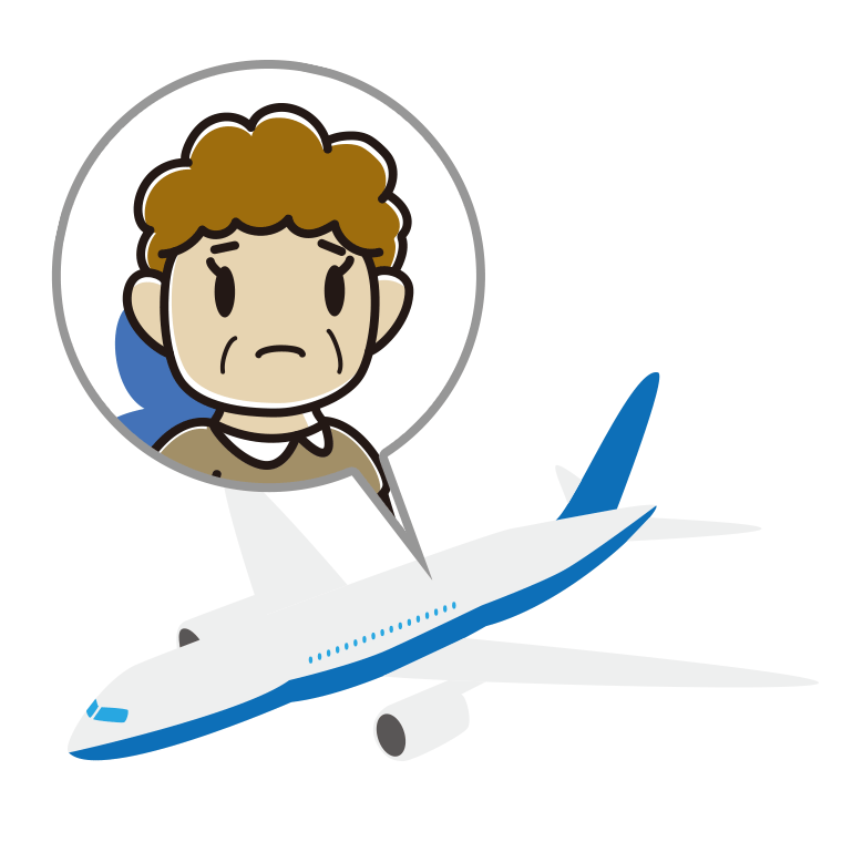 飛行機で困るおばさんのイラスト【色あり、背景なし】透過PNG