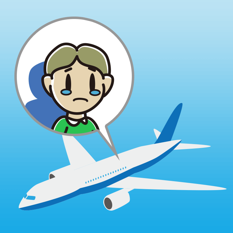 飛行機で泣く小学生男子のイラスト【色、背景あり】PNG