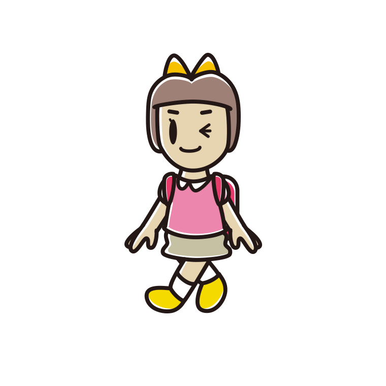 通学中にウインクする新小学一年生女子のイラスト【色あり、背景なし】透過PNG