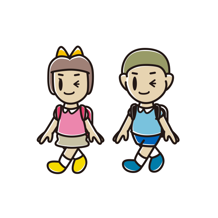 通学中にウインクする新小学一年生のイラスト【色あり、背景なし】透過PNG