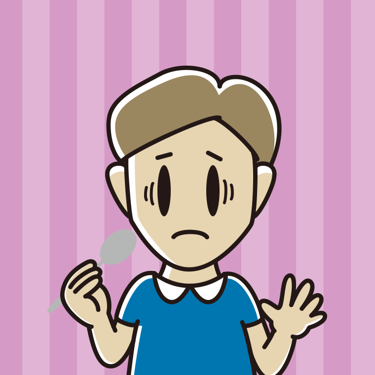 スプーンで困る男性のイラスト【色、背景あり】PNG