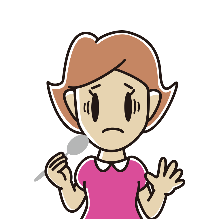 スプーンで困る女性のイラスト【色あり、背景なし】透過PNG