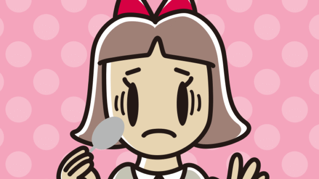 スプーンで困る小学生女子のイラスト【色、背景あり】PNG