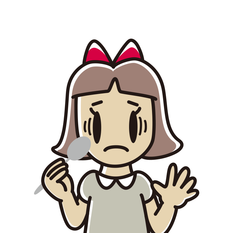スプーンで困る小学生女子のイラスト【色あり、背景なし】透過PNG