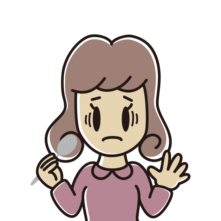 スプーンで困る女子大学生のイラスト【色あり、背景なし】透過PNG