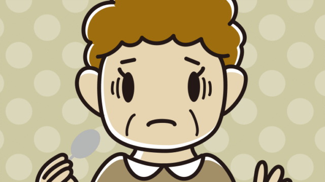 スプーンで困るおばさんのイラスト【色、背景あり】PNG