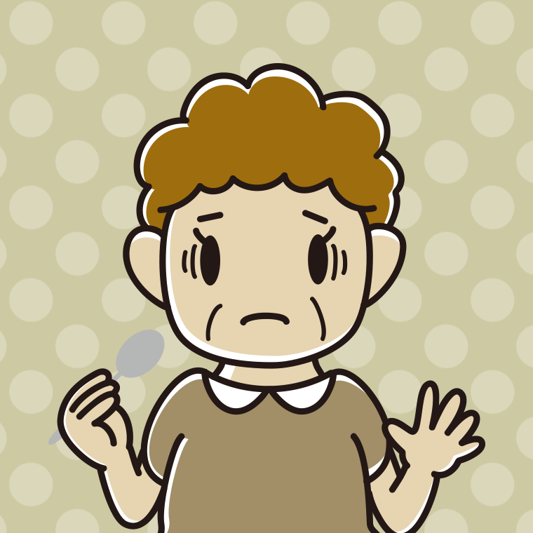 スプーンで困るおばさんのイラスト【色、背景あり】PNG