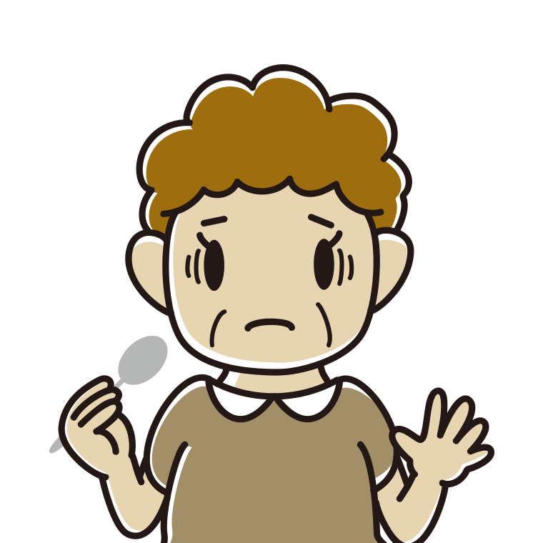 スプーンで困るおばさんのイラスト【色あり、背景なし】透過PNG