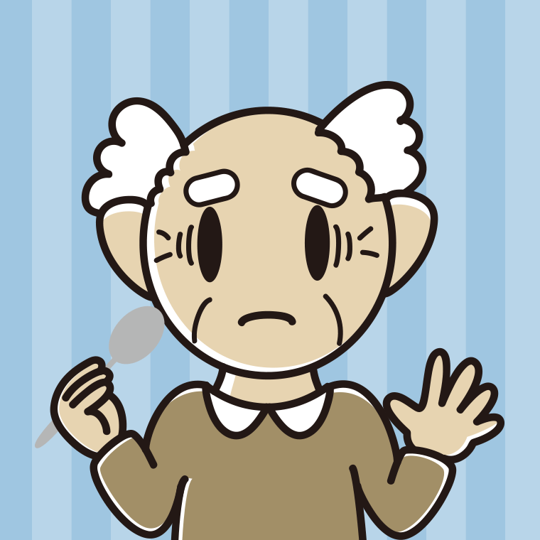 スプーンで困るおじいさんのイラスト【色、背景あり】PNG