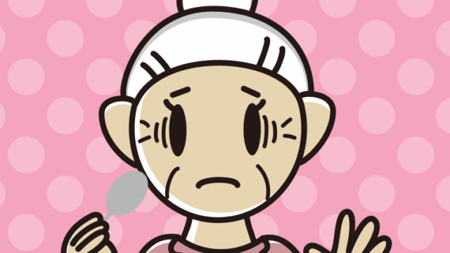 スプーンで困るおばあさんのイラスト【色、背景あり】PNG