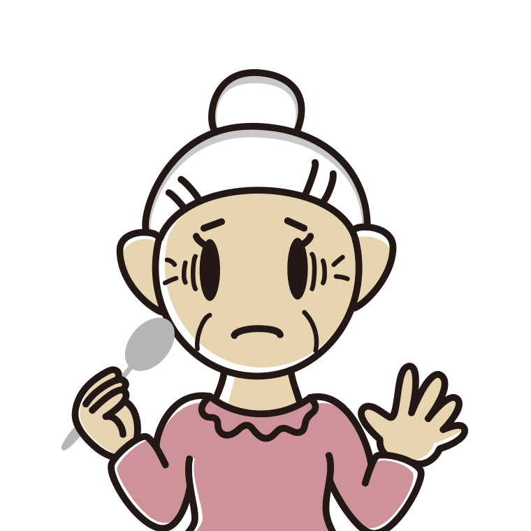 スプーンで困るおばあさんのイラスト【色あり、背景なし】透過PNG