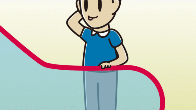 エスカレーターでテヘヘな男性のイラスト【色、背景あり】PNG