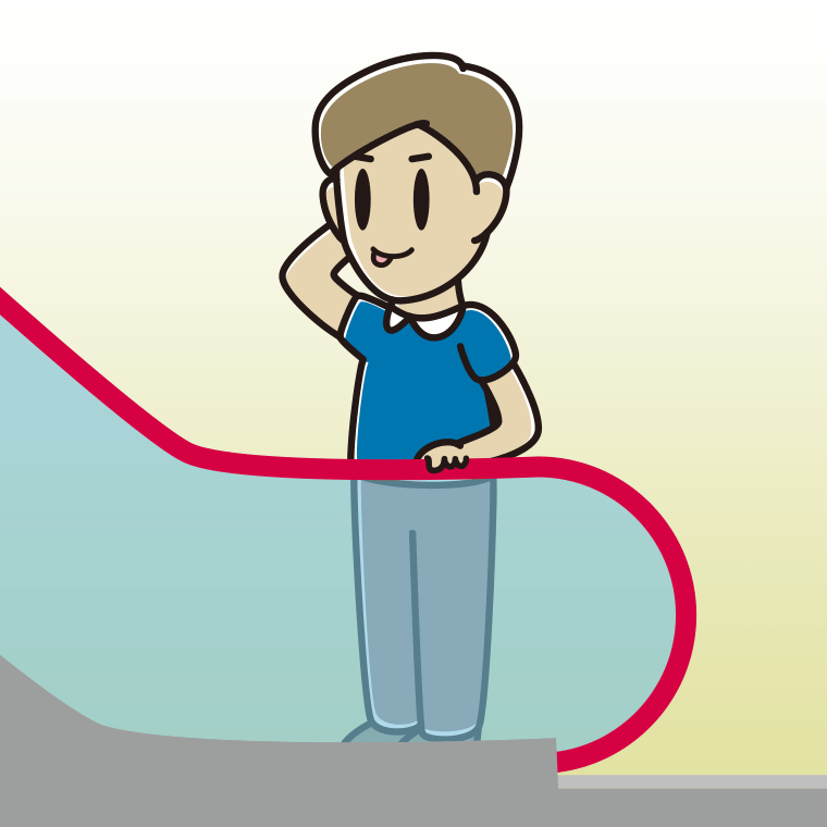 エスカレーターでテヘヘな男性のイラスト【色、背景あり】PNG