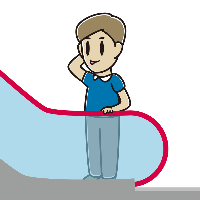 エスカレーターでテヘヘな男性のイラスト【色あり、背景なし】透過PNG