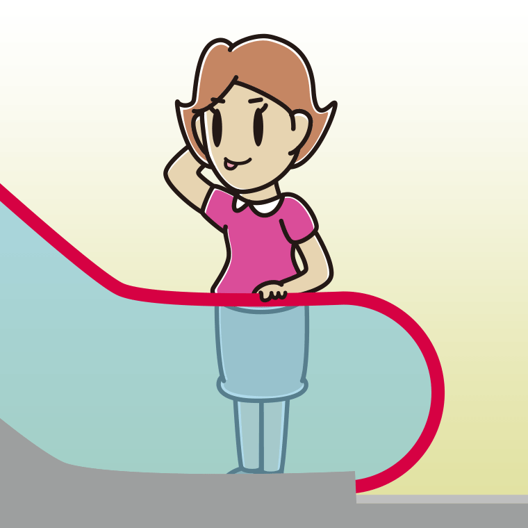 エスカレーターでテヘヘな女性のイラスト【色、背景あり】PNG