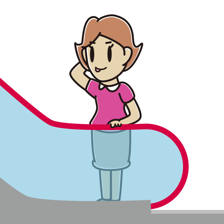 エスカレーターでテヘヘな女性のイラスト【色あり、背景なし】透過PNG
