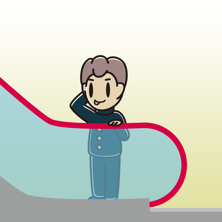 エスカレーターでテヘヘな男子中学生のイラスト【色、背景あり】PNG