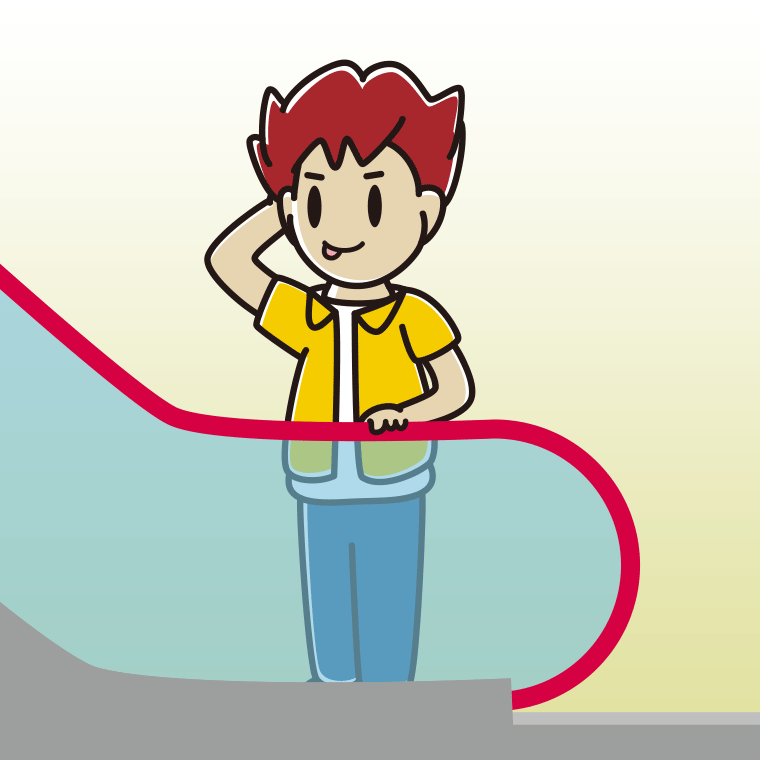 エスカレーターでテヘヘな男子大学生のイラスト【色、背景あり】PNG