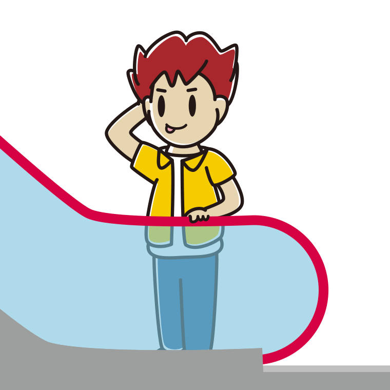 エスカレーターでテヘヘな男子大学生のイラスト【色あり、背景なし】透過PNG