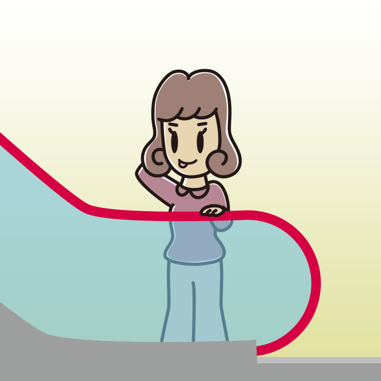 エスカレーターでテヘヘな女子大学生のイラスト【色、背景あり】PNG