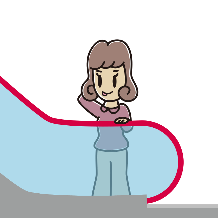 エスカレーターでテヘヘな女子大学生のイラスト【色あり、背景なし】透過PNG