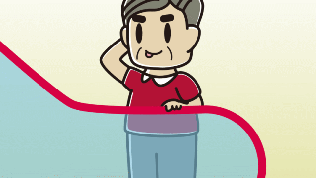 エスカレーターでテヘヘなおじさんのイラスト【色、背景あり】PNG